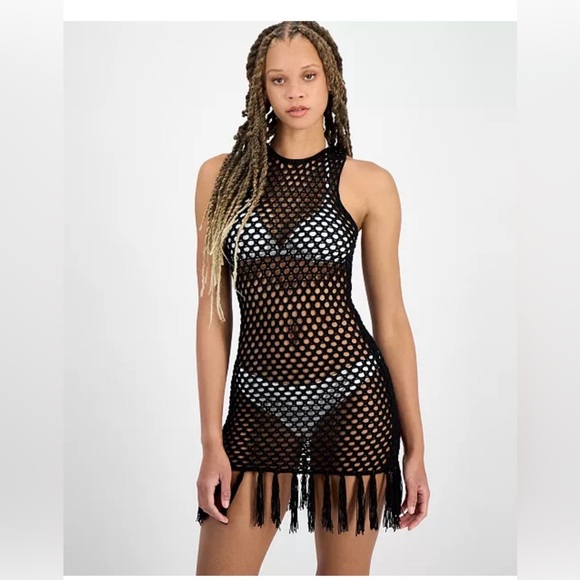 NWT Miken Juniors' Mesh Fringe-Hem Tank Dress Swim Cover-Ups large ivory color - Picture 1 of 3